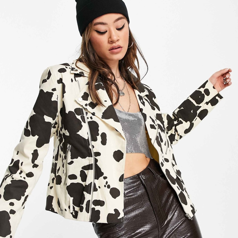 Emory Park Oversized Cow Print bicke Jacket  Black and cream